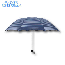 Navy Pongee Fabric Full Color Printed Pattern 3 Folded Rippled Edge Fashion Sun Umbrella Manufacture China